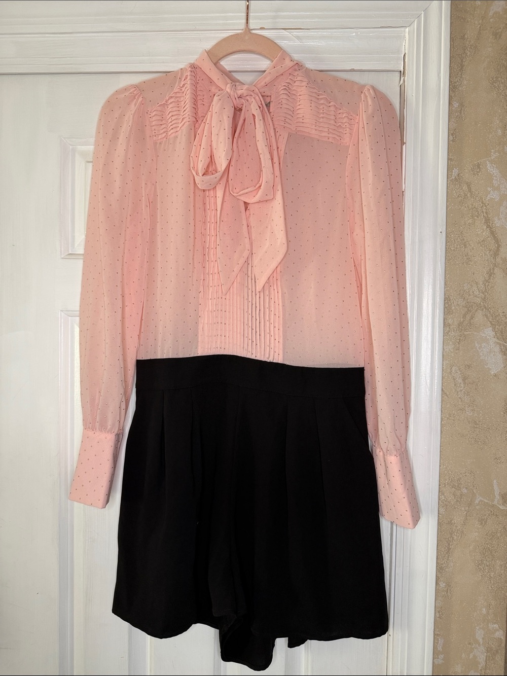 Guess Peach Tie-Neck Sheer Polka Dot Romper